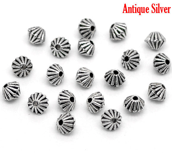 200 Silver Tone Pewter CORRUGATED BICONE Spacer Beads bme0130