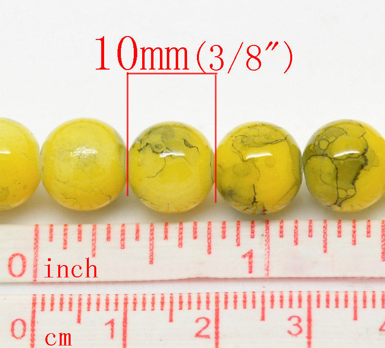 10mm YELLOW Round Glass Beads with Black Marble pattern, 40 beads,  bgl0290