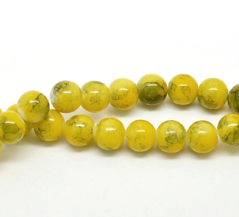 10mm YELLOW Round Glass Beads with Black Marble pattern, 40 beads,  bgl0290