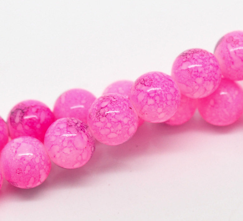 40 Round Glass Beads, HOT PINK with purple marbeling, marble pattern, 10mm  bgl0691