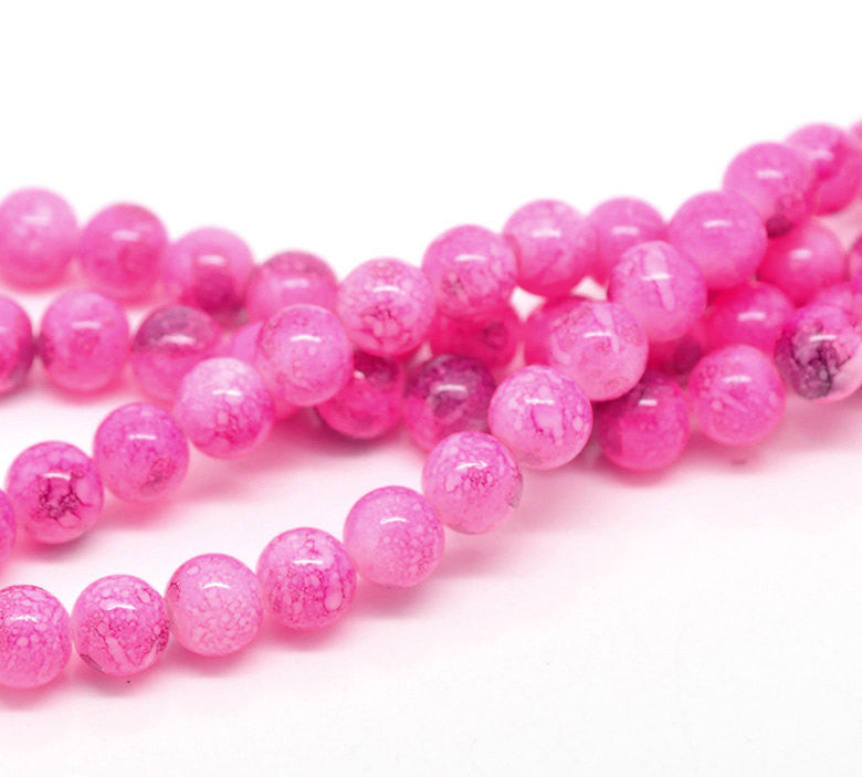 40 Round Glass Beads, HOT PINK with purple marbeling, marble pattern, 10mm  bgl0691