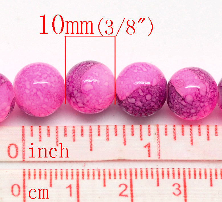 40 Round Glass Beads, HOT PINK with purple marbeling, marble pattern, 10mm  bgl0691