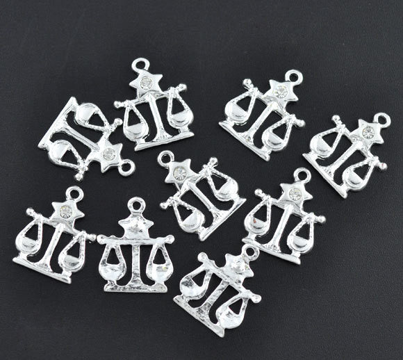 5 Bright Silver Plated LIBRA Zodiac CharmS with Rhinestone  Chs1689
