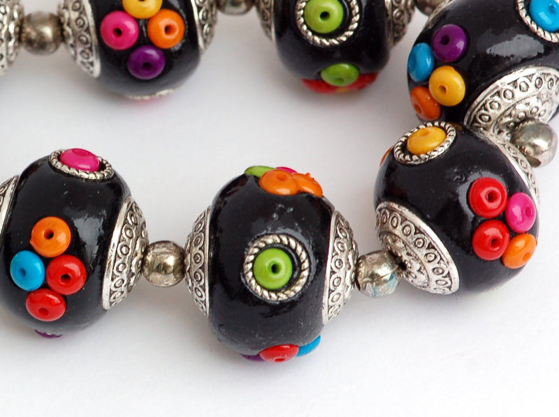 4 Unique Large JET BLACK Multicolor Indonesian Clay Beads, Seed Bead and Bali Accents pol0065
