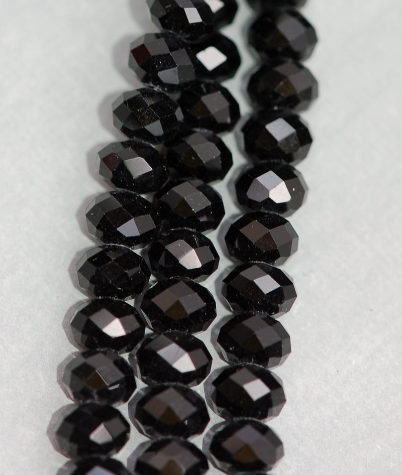 8mm x 6mm JET BLACK Crystal Glass Faceted Rondelle Beads . full strand, 45 beads  bgl0594