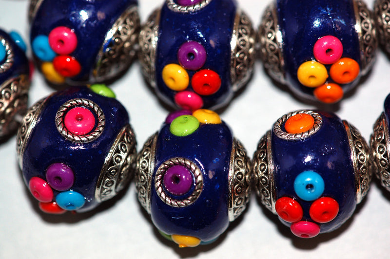 4 Unique Large NAVY BLUE Multicolor Indonesian Clay Beads, Seed Bead and Bali Accents, excellent quality pol0007