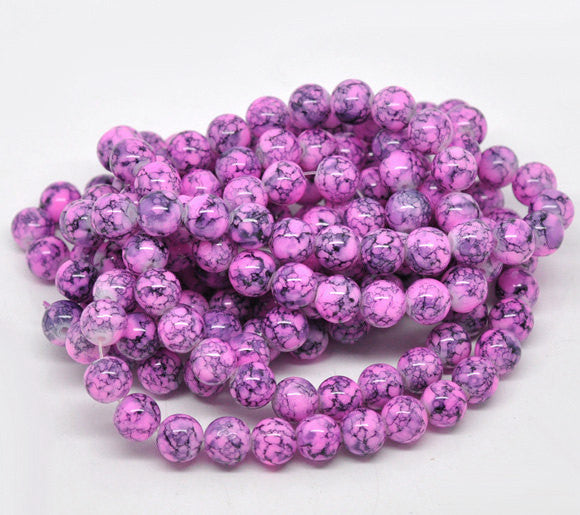10mm HOT PINK Round Glass Beads with black marbeling pattern, 40 beads  bgl0688