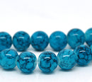 DOUBLE Strand Round Glass Beads, TURQUOISE BLUE with black marbeling, marble pattern, 10mm  bgl0692