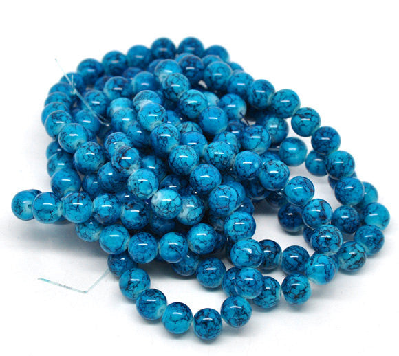 DOUBLE Strand Round Glass Beads, TURQUOISE BLUE with black marbeling, marble pattern, 10mm  bgl0692