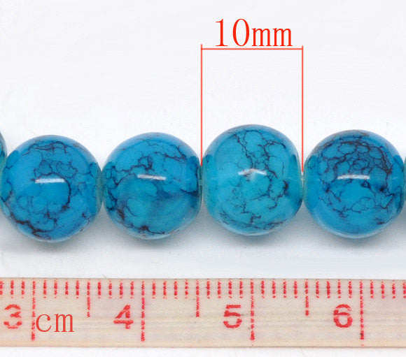 DOUBLE Strand Round Glass Beads, TURQUOISE BLUE with black marbeling, marble pattern, 10mm  bgl0692