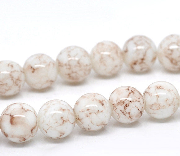 40 Round Glass Beads, white with chocolate brown marbeling, marble pattern, 10mm  bgl0292