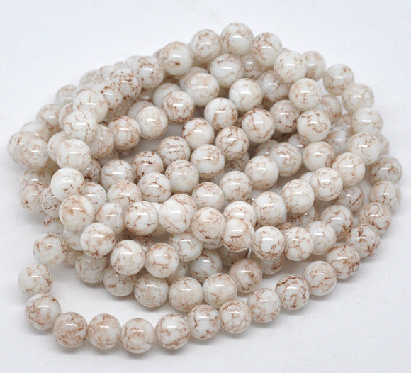 40 Round Glass Beads, white with chocolate brown marbeling, marble pattern, 10mm  bgl0292