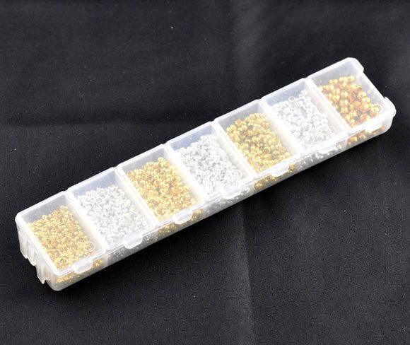 1 Box Mixed Silver and Gold Plated Crimp Beads . mixed sizes . 3700 pieces with storage box  fin0351