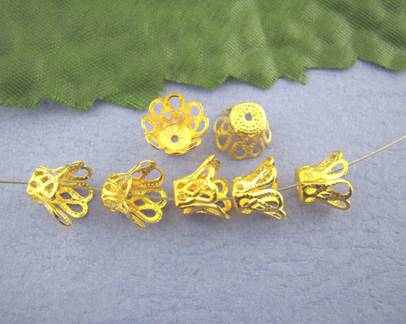 260 Bulk Package Small Brass CONE BEAD CAPS . Bright Gold Tone Metal Filigree  7x9mm  fin0089b