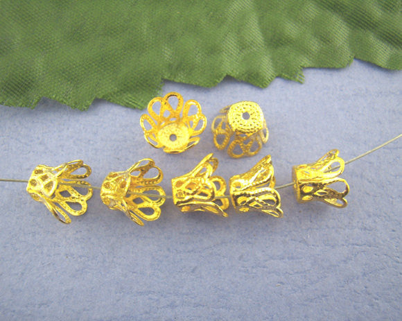 50 Package Small Brass CONE BEAD CAPS . Bright Gold Tone Metal Filigree  7x9mm  fin0089a