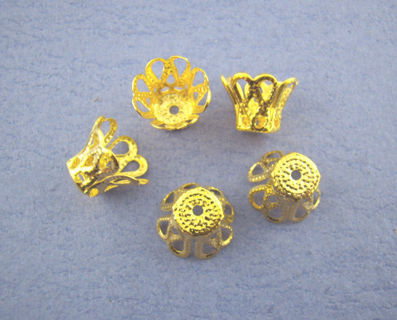260 Bulk Package Small Brass CONE BEAD CAPS . Bright Gold Tone Metal Filigree  7x9mm  fin0089b