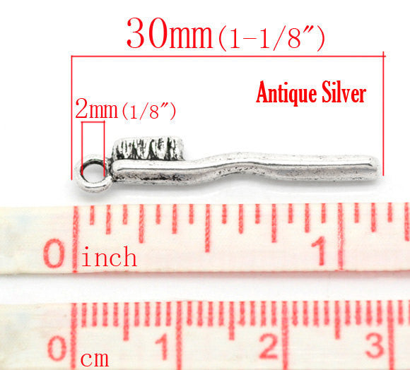 10 Silver Tone TOOTHBRUSH Charm Pendants chs0072