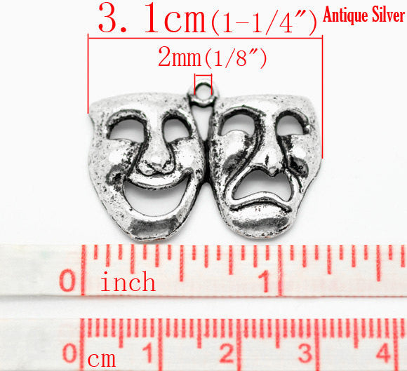 4 Silver Tone Large Drama Acting Theater COMEDY TRAGEDY Mask Charm Pendants chs0087