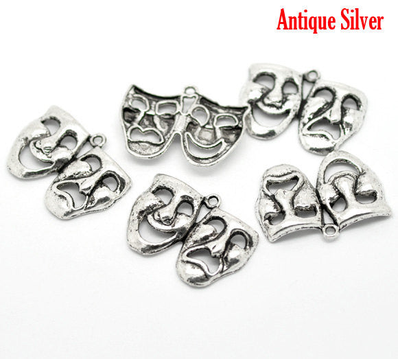 4 Silver Tone Large Drama Acting Theater COMEDY TRAGEDY Mask Charm Pendants chs0087