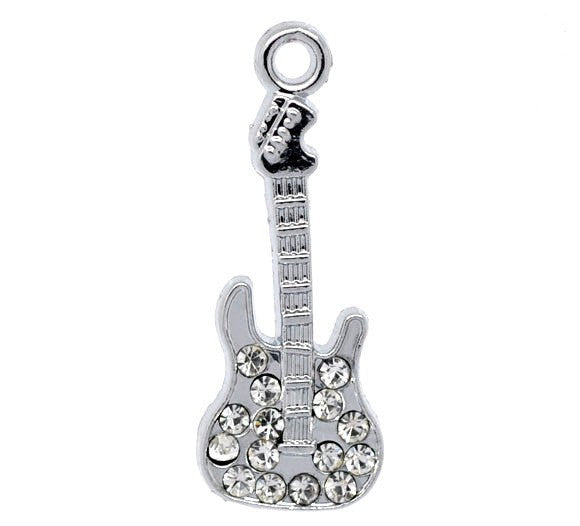 1 Silver Metal RHINESTONE ELECTRIC Guitar Charms or Pendants   chs0046a