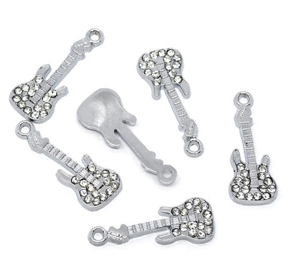 1 Silver Metal RHINESTONE ELECTRIC Guitar Charms or Pendants   chs0046a