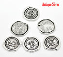 26 Monogram Initial Letter Stamped Wax Seal Charms .  Silver Tone Metal 18mm . 1 of each letter of the alphabet, A-Z, chs2345