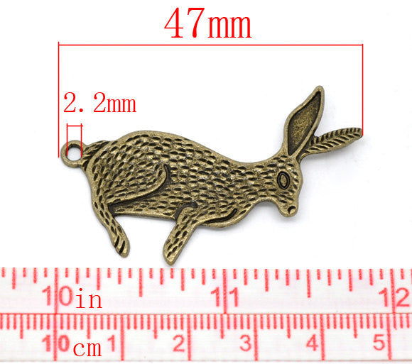 4 Antique Bronze Tone Metal LARGE BUNNY Rabbit Charm Pendants . 2-hole connectors  chb0241