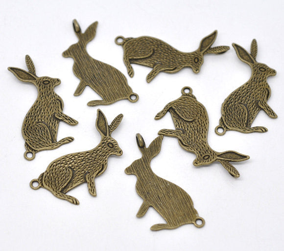 4 Antique Bronze Tone Metal LARGE BUNNY Rabbit Charm Pendants . 2-hole connectors  chb0241