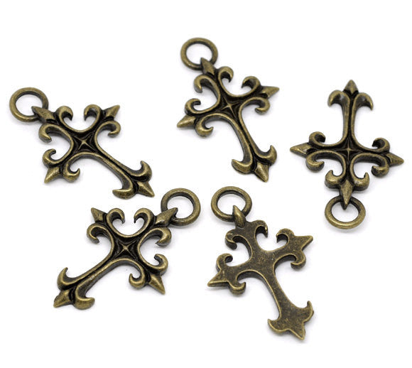 2 Large Antique Bronze Metal GOTHIC CROSS Pendants. Chb0114