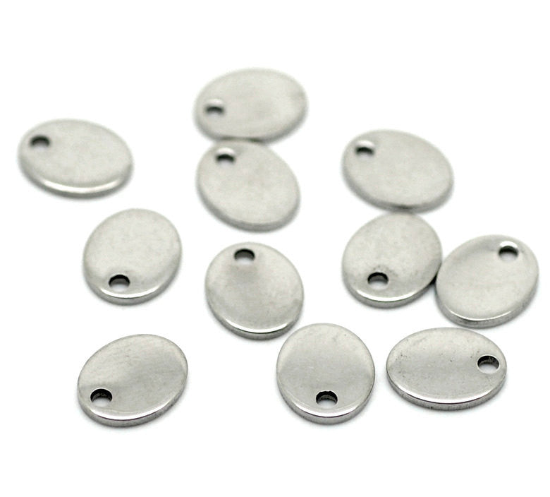 50 Stainless Steel Metal Stamping Blanks Charms, Small 9mm x 7mm OVAL TAGS, 18 gauge  bulk package MSB0089b