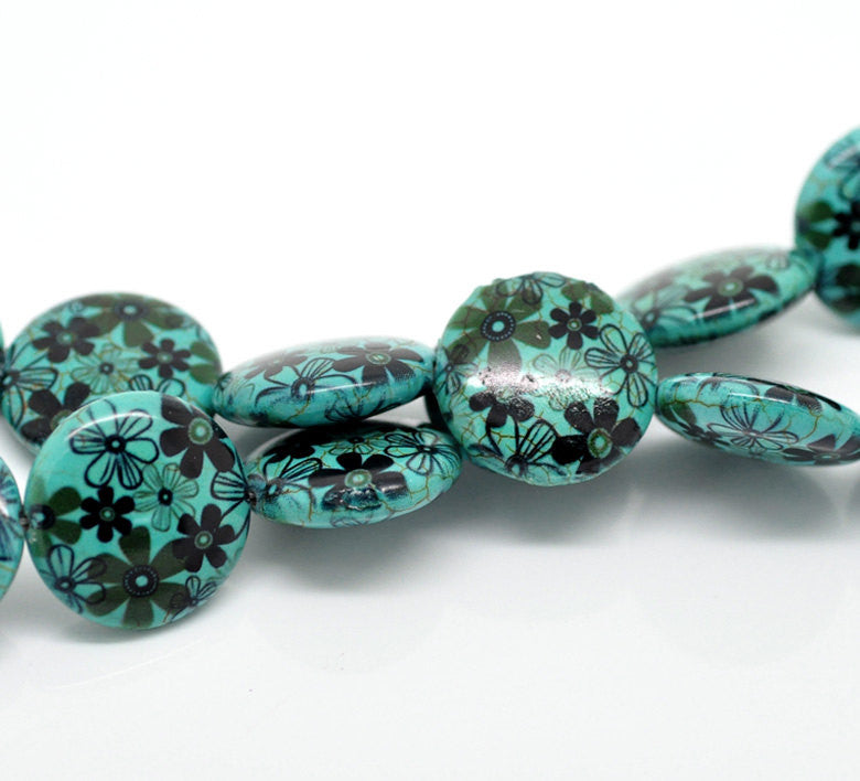 Howlite Stone Beads COIN DISC 25mm, 1 strand . flowers printed on howlite stone  how0096