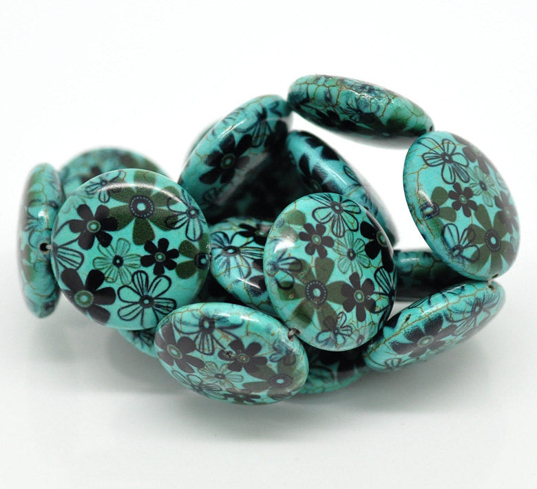 Howlite Stone Beads COIN DISC 25mm, 1 strand . flowers printed on howlite stone  how0096