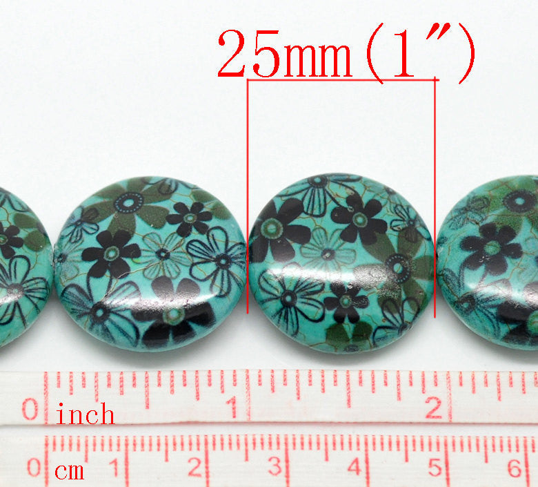 Howlite Stone Beads COIN DISC 25mm, 1 strand . flowers printed on howlite stone  how0096