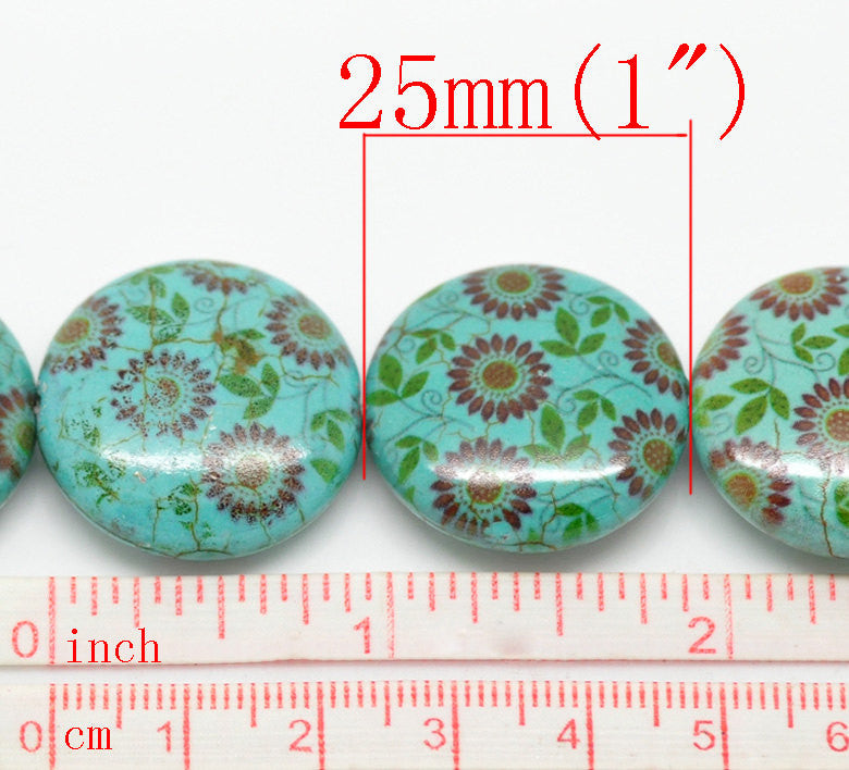 Howlite Stone Beads COIN DISC 25mm, 8" strand. flowers printed on howlite stone . How0030