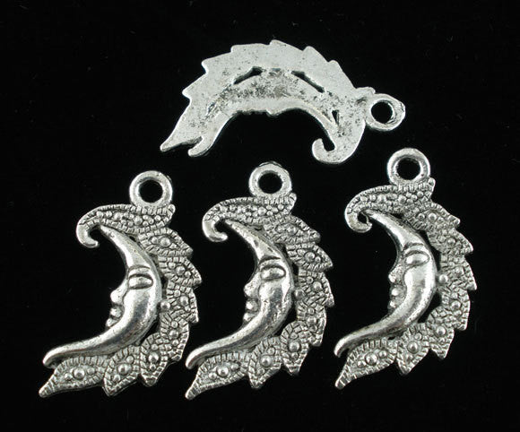 10 Antique Silver Tone Metal Fancy MOON FACE Charm Pendants chs0778