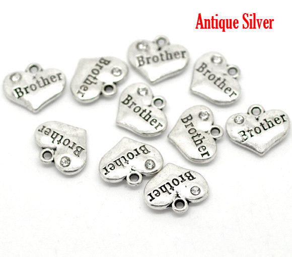 1 Silver Tone Rhinestone "Brother" Heart Charm Pendants 16x14mm (5/8"x1/2"). Chs0864