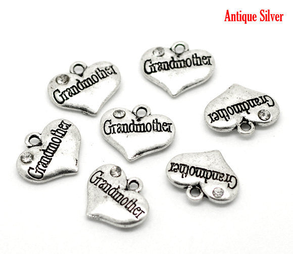 20 bulk Silver Tone Rhinestone " Grandmother " Heart Charm Pendants 16x14mm (5/8"x1/2"). Chs0874b