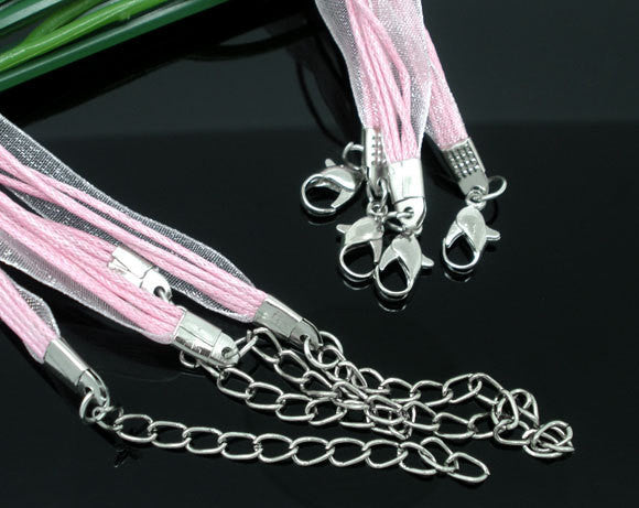 20 CANDY PINK Organza Necklace Cords with Lobster Clasp . 17.5" long with 2" extender chain fch0027