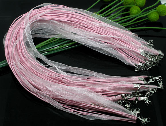 20 CANDY PINK Organza Necklace Cords with Lobster Clasp . 17.5" long with 2" extender chain fch0027