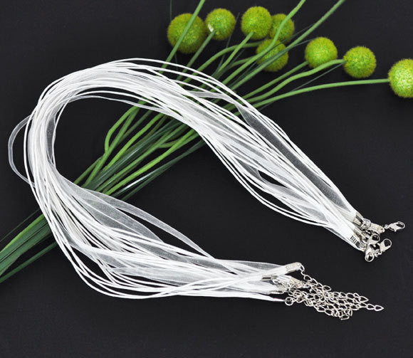 20 WHITE Organza Necklace Cords with Lobster Clasp . 17.5" long with 2" extender chain  fch0051