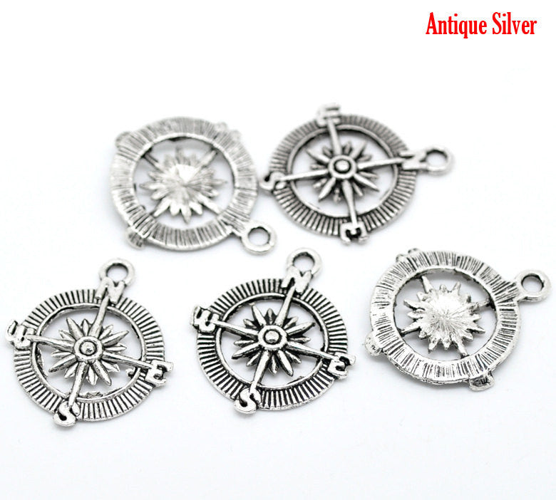 6 Antiqued Silver Tone Pewter COMPASS Charm Pendants . chs0265a