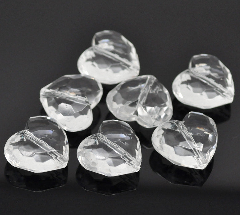 10 Large CLEAR Faceted Acrylic Lucite Hearts Beads, 1-1/8" wide  bac0250a