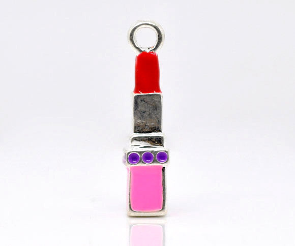 2 Silver Plated and Enamel 3D Lipstick Metal Charms. CHE0027