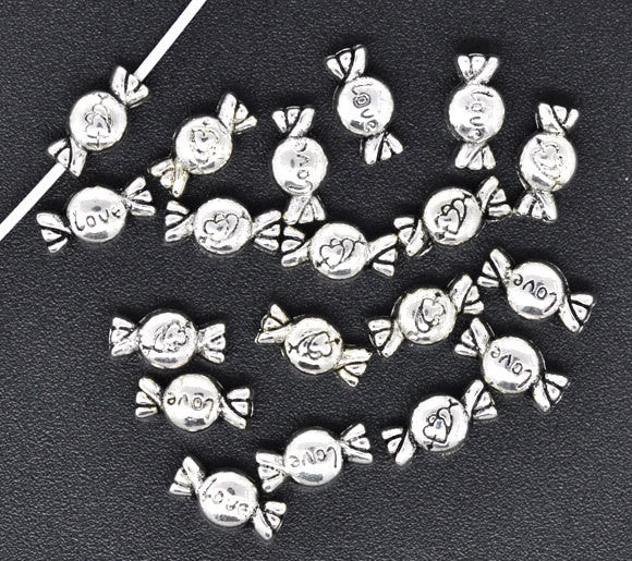 100 BULK Silver Tone Valentine "Love" Candy Charm Spacer Beads 11x6mm  bme0040b