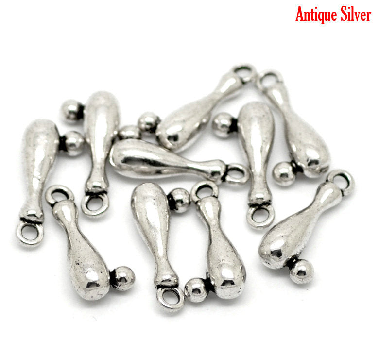 10 Silver Tone BOWLING PIN and Ball Charm Pendants . chs0350