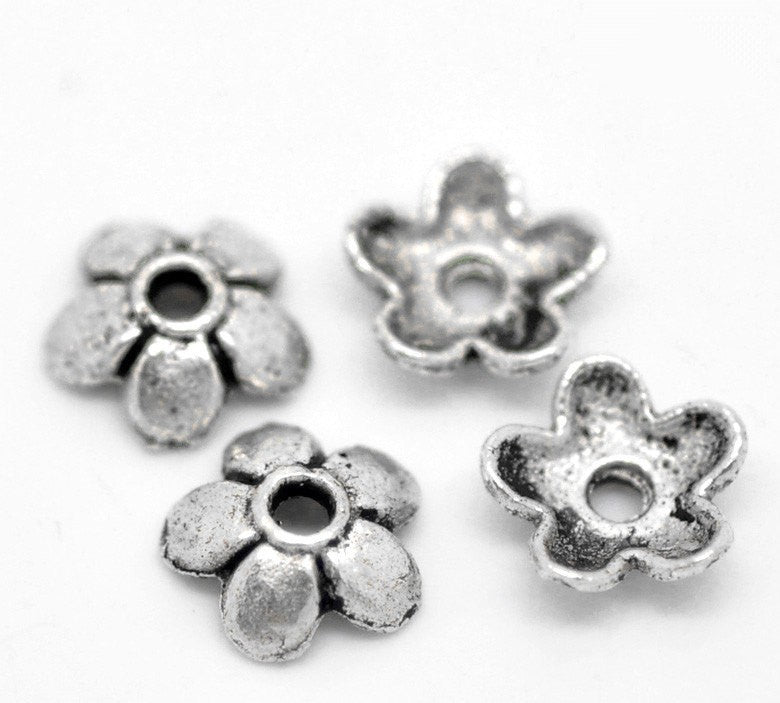 100 Antique Silver FLOWER Bead End Caps . Pewter Tibetan Silver Style . fin0113A