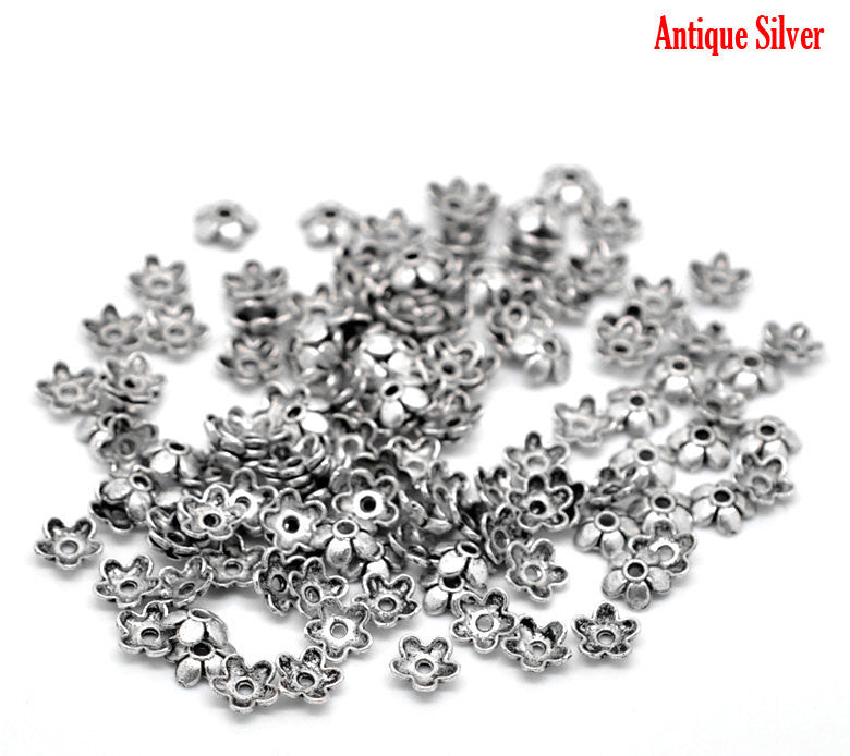 100 Antique Silver FLOWER Bead End Caps . Pewter Tibetan Silver Style . fin0113A