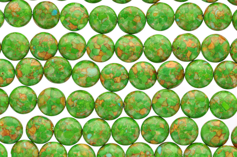 1 strand Magnesite Stone Beads Variegated Puffy GREEN COIN CIRCLE Round . 14mm gmx0005
