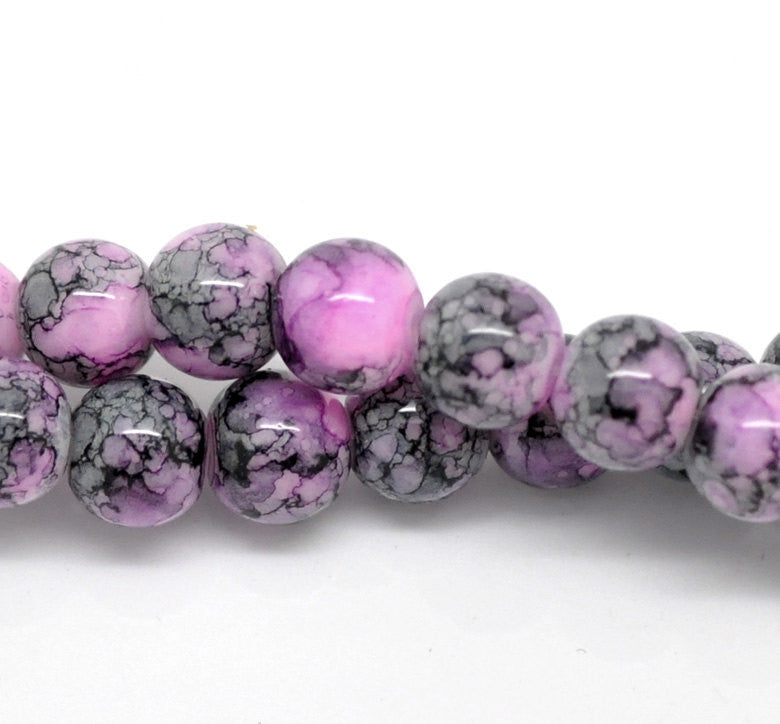 8mm Purple with Black and Grey Marbled Swirl Pattern, Rare, Hard to Find, 50 beads bgl0695