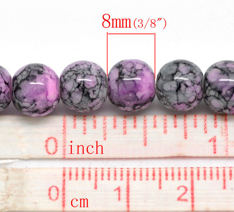 8mm Purple with Black and Grey Marbled Swirl Pattern, Rare, Hard to Find, 50 beads bgl0695